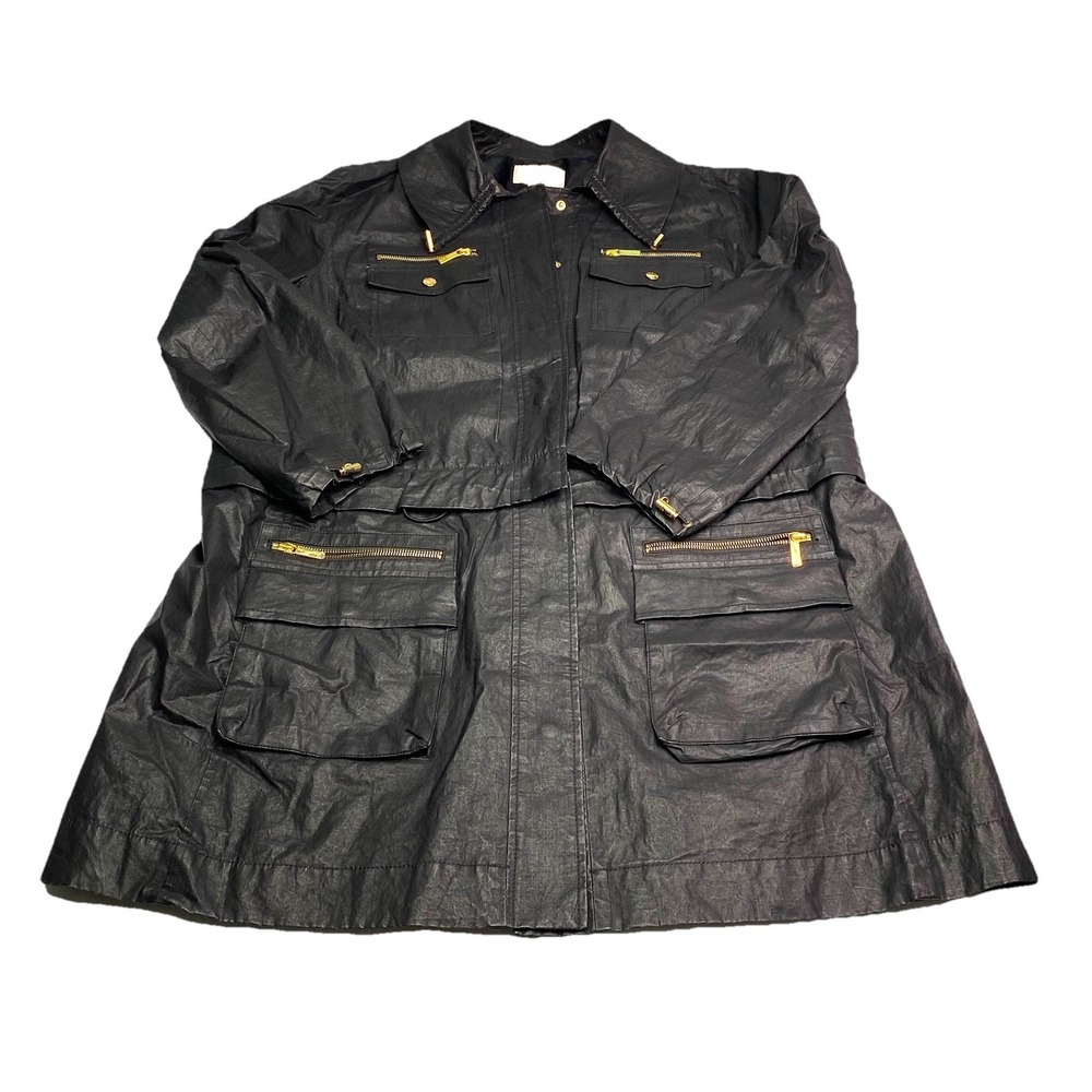Michael Kors Womens Black Ramie Coated Field Jacket Gold Hardware Utility Coat